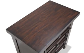 Hudson Pecan 3 Drawer Nightstand in rustic dark brown finish with pewter metal hardware, transitional style, rubberwood and mango veneer construction.