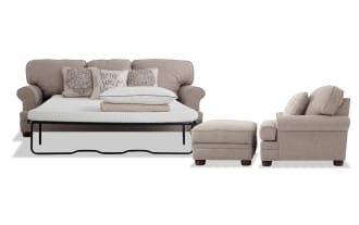 Charleston Beige 90'' Sleeper Sofa with Queen Gel Mattress, Chair & Storage Ottoman