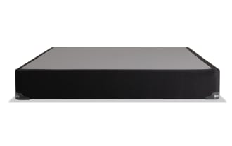 Distinction Standard Twin XL Foundation by Bob-O-Pedic, featuring a low-profile black fabric frame with gray top surface and protective corner guards for mattress support.
