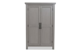 Gray wooden two-door cabinet with black vertical handles, featuring a classic paneled design and sturdy frame, ideal for storage.