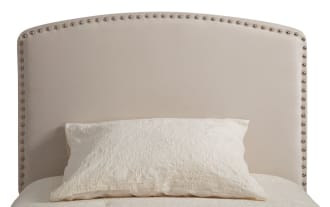 Isabella Full Beige Upholstered Panel Bed with arched headboard, nailhead trim, low profile footboard, and beige polyester fabric in transitional style