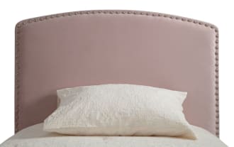 Isabella Full Pink Upholstered Panel Bed with arched headboard, nailhead trim, low profile footboard, and soft polyester fabric in transitional style