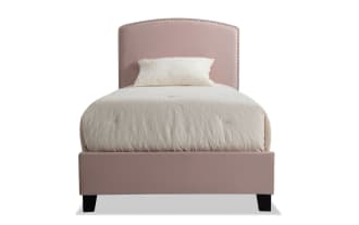 Isabella Full Pink Upholstered Panel Bed with arched headboard, nailhead trim, low profile footboard, and soft polyester fabric in transitional style