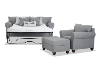 Laurel Gray 90'' Sleeper Sofa with Queen Gel Mattress, Chair & Storage Ottoman