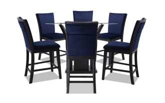 Cosmopolitan 7 Piece Black & Navy Upholstered Round Counter Height Dining Set
