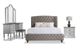 Scarlett 4 Piece Queen White & Gray Upholstered Bedroom Set with Vanity