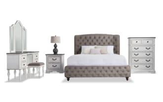 Scarlett 5 Piece Queen White & Gray Upholstered Bedroom Set with Vanity