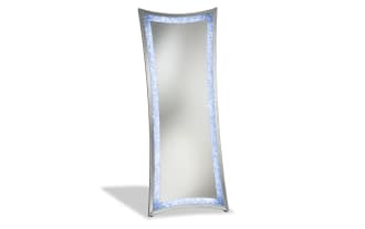 Contemporary Glamour Silver LED Floor Mirror with curved edges, faux crushed crystal inlay, and bright LED lighting for clear reflection.