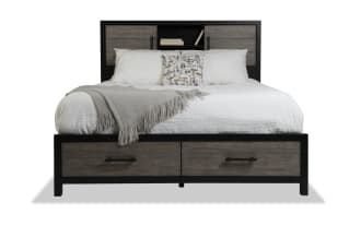 Fusion King Black & Gray Bookcase Storage Bed in transitional style with birch veneer, black frame, headboard lighting, and multiple storage drawers.