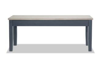 Blake Graphite & Gray Storage Dining Bench in cottage style with graphite painted rubberwood legs and gray mango veneer top, featuring hidden storage.