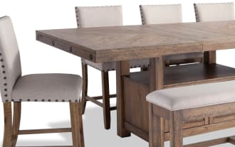 Sonoma 8 Piece Natural & Beige Upholstered Extendable Counter Height Dining Set with Storage Bench