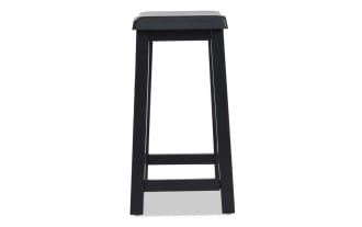 Black wooden stool with a flat, slightly curved seat and four straight legs connected by horizontal supports, suitable for kitchen or bar seating.