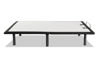 Power Bob Essential Twin XL Adjustable Base with black metal legs and white fabric platform, featuring a folding design and head-up motion support.