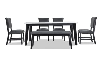 Elm 6 Piece Espresso, Marble & Gray Faux Leather Dining Set with Bench