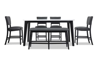 Elm 6 Piece Espresso, Marble & Gray Faux Leather Counter Height Dining Set with Bench