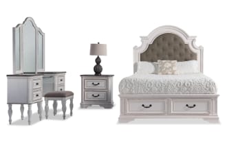 Scarlett 4 Piece Queen White & Oak Storage Platform Bedroom Set with Vanity