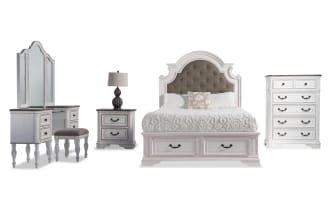 Scarlett 5 Piece Queen White & Oak Storage Platform Bedroom Set with Vanity