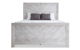 Calvin Full White Panel Bed from Calvin Bedroom collection, transitional style with engineered wood grain, chevron design, and natural plank texture.