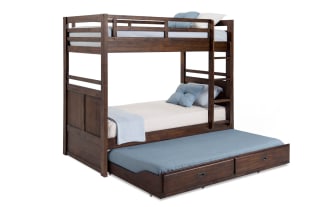 Chadwick Brown Twin/Twin bunk bed with trundle in transitional style, made of MDF, poplar solids, and veneers, featuring dark wood finish, ladder, guardrails, and storage drawers.