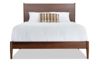 Bettie Full Brown Platform Bed from Bettie Bedroom collection, mid-century modern style with walnut veneer legs, warm brown MDF frame, and sleek wood headboard.