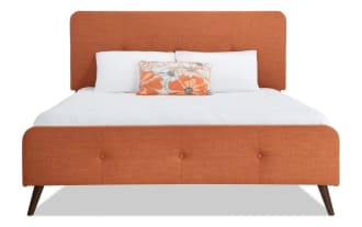 Bettie Full Russet Upholstered Platform Bed in orange polyester fabric with mid-century modern flared legs and button tufting, from Bettie Bedroom collection.
