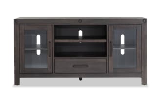 Sonoma 70'' Espresso Rustic TV Stand with MDF, Acacia Veneers, and Glass; features two glass cabinets, open shelves, and a center drawer for organized storage.