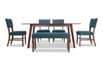 Bettie 6 Piece Walnut & Teal Upholstered Extendable Dining Set with Bench