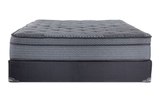 Synergy 11'' Queen Plush Standard Mattress Set with gray textured plush top, dark gray base, and individually wrapped coil support from Bob-O-Pedic.