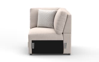 Beige fabric corner sofa section with plush cushions and a patterned throw pillow, showcasing modern modular design and soft upholstery.