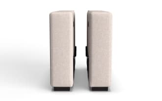 Modern beige fabric bookshelf with light wood shelves and black legs, featuring built-in power outlet and USB port for convenient charging.