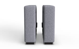 Modern gray fabric-covered bookshelf with two open shelves, black interior, and wooden block feet, suitable for living room or office storage.