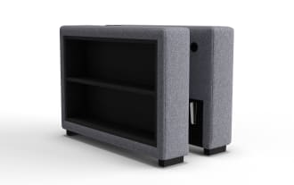 Modern gray fabric-covered bookshelf with two open shelves, black interior, and wooden block feet, suitable for living room or office storage.