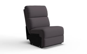 Dark gray upholstered armless accent chair with high backrest and cushioned seating, featuring a modern, minimalist design.