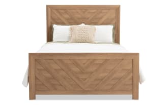 Calvin Full Light Brown Panel Bed from Calvin Bedroom collection, transitional style with engineered wood grain MDF, featuring chevron pattern on headboard and footboard.