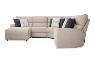 Modern Farmhouse Beige 136'' Power Reclining 5 Piece Left Arm Facing Chaise Sectional with Power Headrest