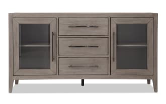 Villa 60" gray transitional TV stand with MDF frame, glass cabinet doors, three center drawers, and cord management for TVs up to 60".