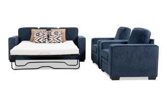 Homeworks Navy 83'' Sleeper Sofa with Queen Gel Mattress & 2 Chairs