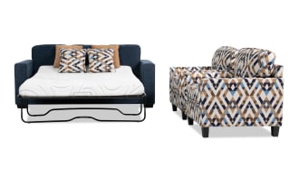 Homeworks Navy 83'' Sleeper Sofa with Queen Cooling Mattress & 2 Accent Chairs