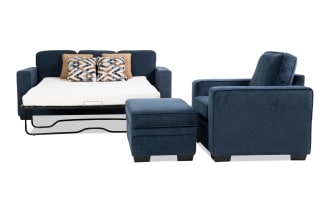 Homeworks Navy 83'' Sleeper Sofa with Queen Gel Mattress, Chair & Storage Ottoman