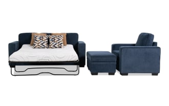 Homeworks Navy 83'' Sleeper Sofa with Queen Cooling Mattress, Chair & Storage Ottoman