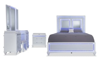 Glamour 4 Piece Queen White Panel Bedroom Set with Vanity