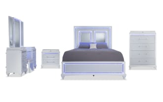 Glamour 5 Piece Queen White Panel Bedroom Set with Vanity