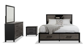 Fusion 4 Piece Queen Black & Gray Bookcase Storage Bedroom Set