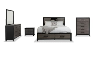Fusion 5 Piece Queen Black & Gray Bookcase Storage Bedroom Set