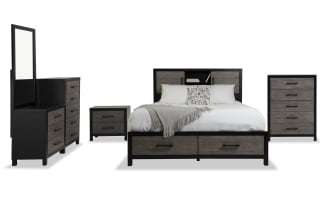 Fusion 5 Piece Queen Black & Gray Bookcase Storage Bedroom Set with Chesser
