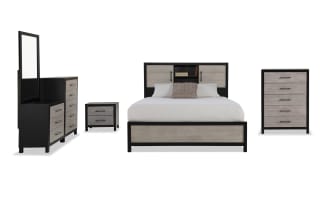 Fusion 5 Piece Queen Black & Gray Bookcase Panel Bedroom Set with Chesser