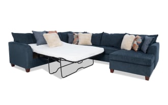 Brynn Navy 142'' 4 Piece Right Arm Facing Sleeper Chaise Sectional with Full Gel Mattress