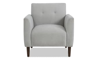 Maxwell Gray Accent Chair in transitional style with gray polyester fabric upholstery, button tufting, and flared track arms on wooden legs.