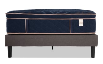 Copper Radiance 14.5'' Queen Plush Universal Mattress Set with navy blue copper-infused quilted cover, plush hybrid design, and gray universal foundation.