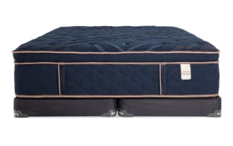 Copper Radiance 14.5'' Queen Plush Split Low Profile Mattress Set in navy blue with copper trim, quilted copper-infused cover, and plush hybrid design.